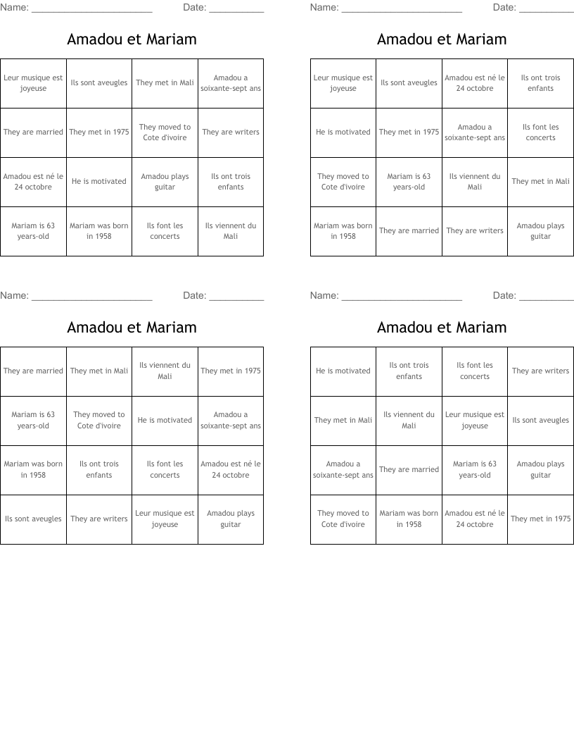 Amadou et Mariam Bingo Cards