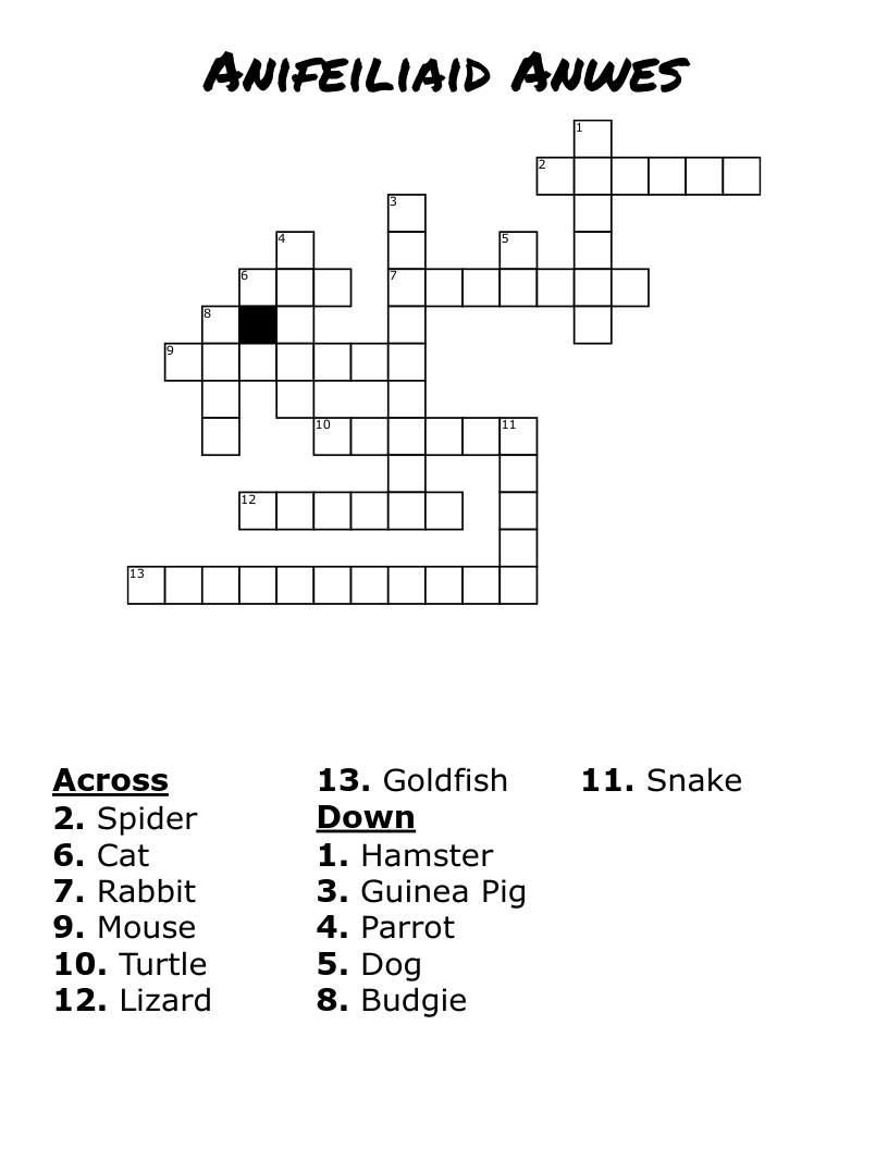 Anifeiliaid Anwes Crossword