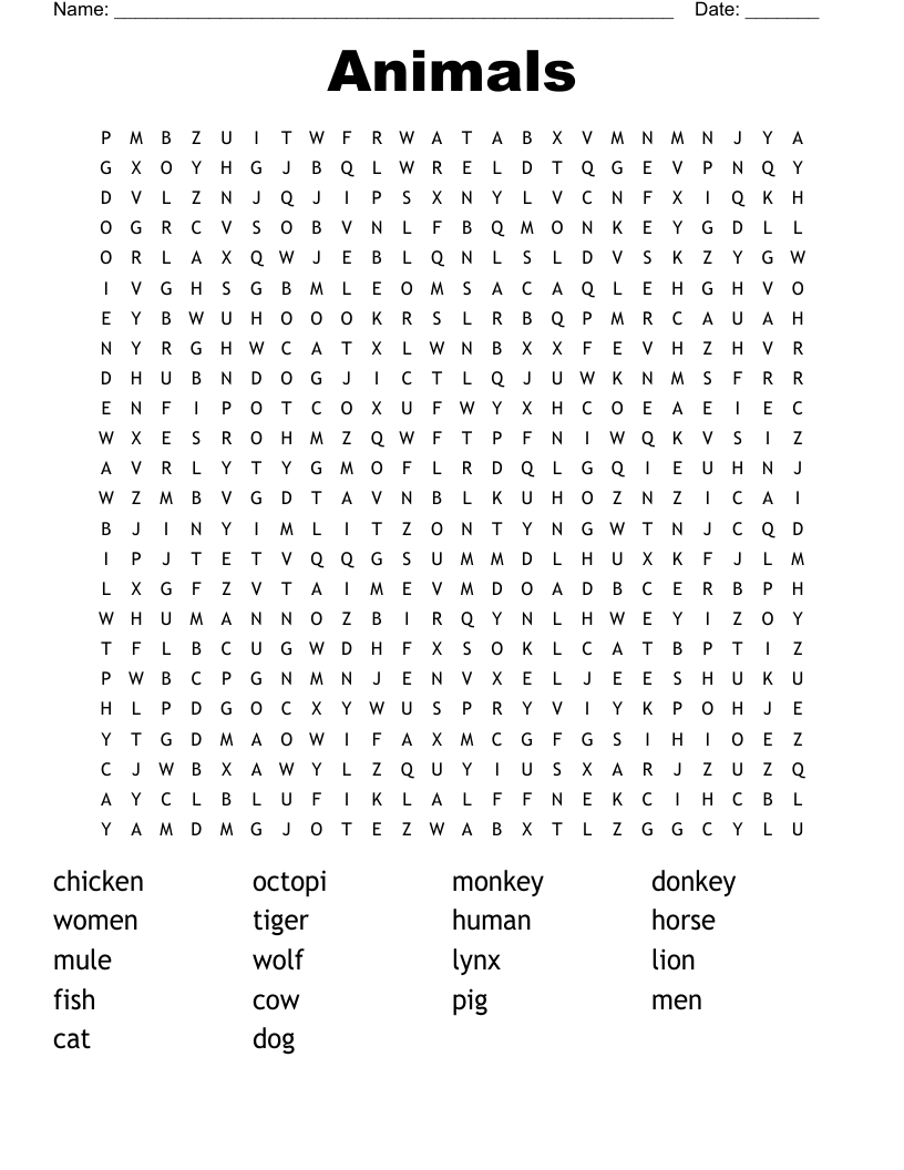 Animals  Word Search