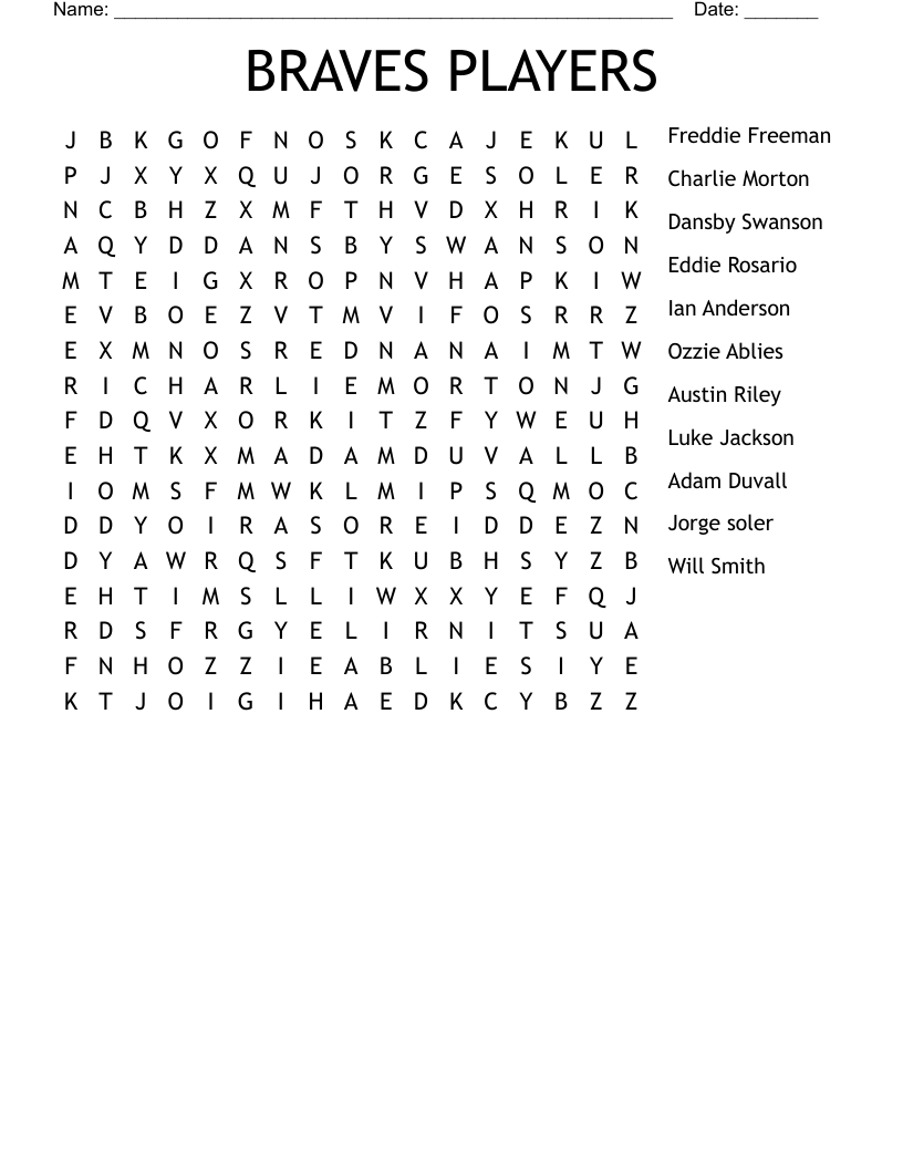 BRAVES PLAYERS Word Search