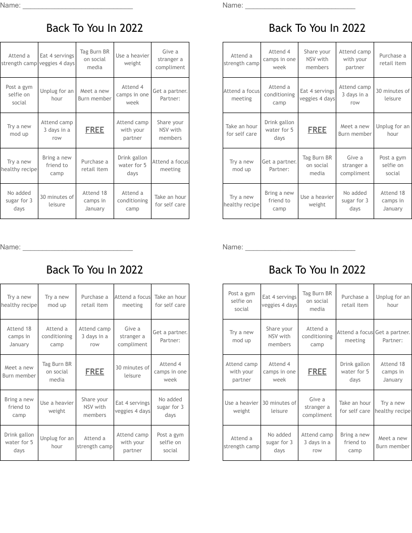 Back To You In 2022 Bingo Cards