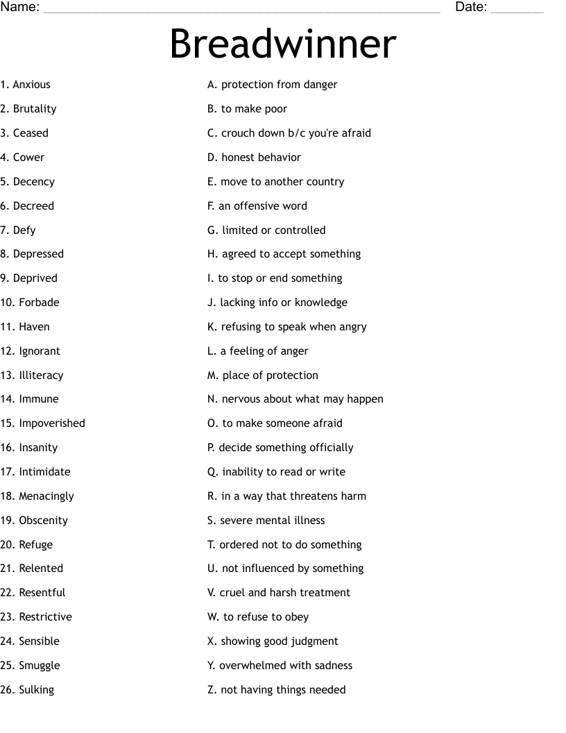 Breadwinner Worksheet WordMint