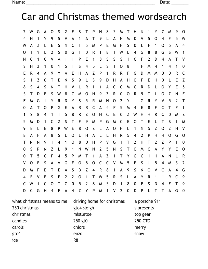 Car and Christmas themed wordsearch