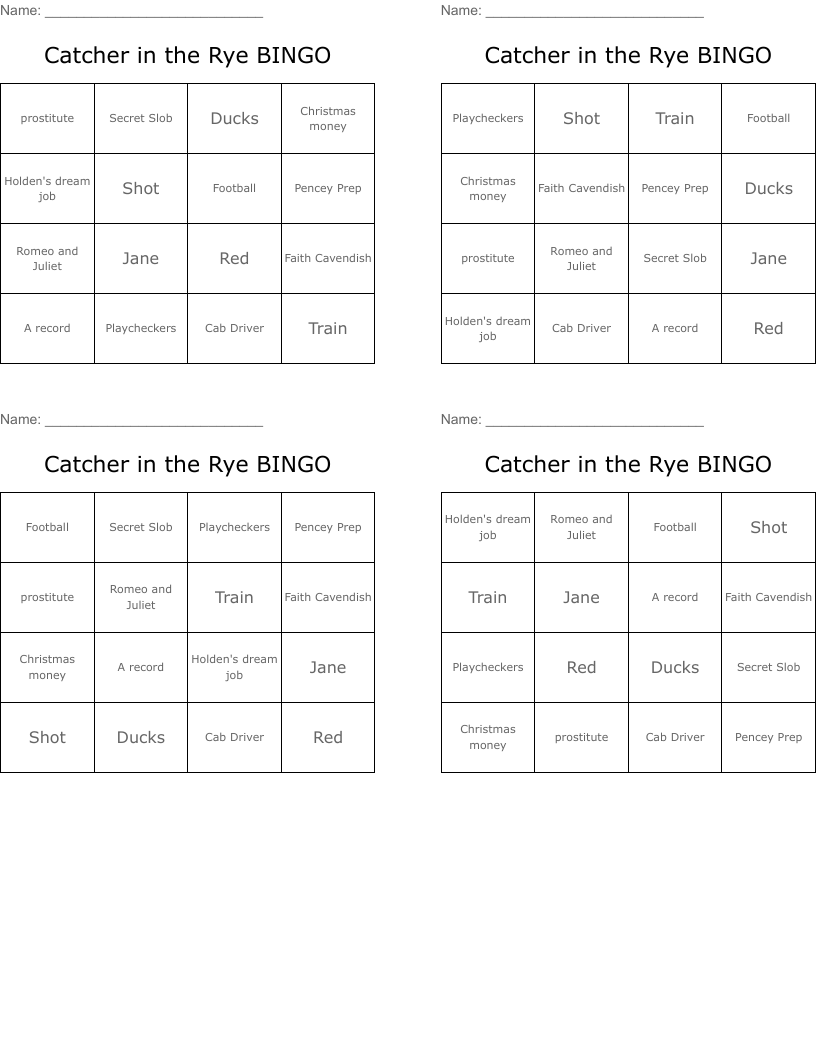 Catcher in the Rye BINGO