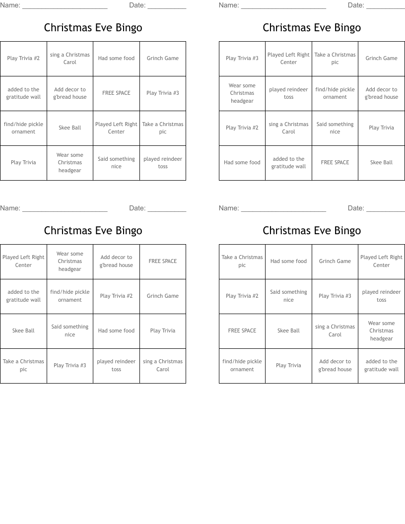 Christmas Eve Bingo WordMint