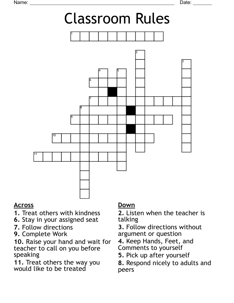 Classroom Rules Crossword WordMint
