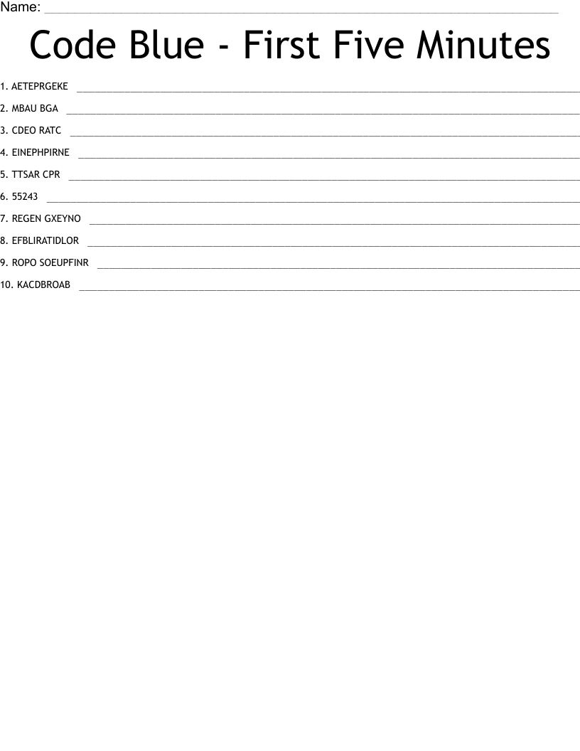 Code Blue - First Five Minutes Word Scramble