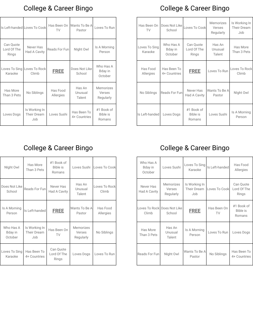 College & Career Bingo