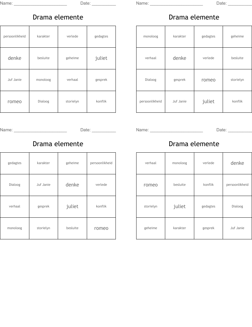 Drama elemente Bingo Cards