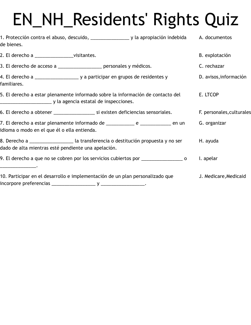 EN NH Residents Rights Quiz Worksheet WordMint