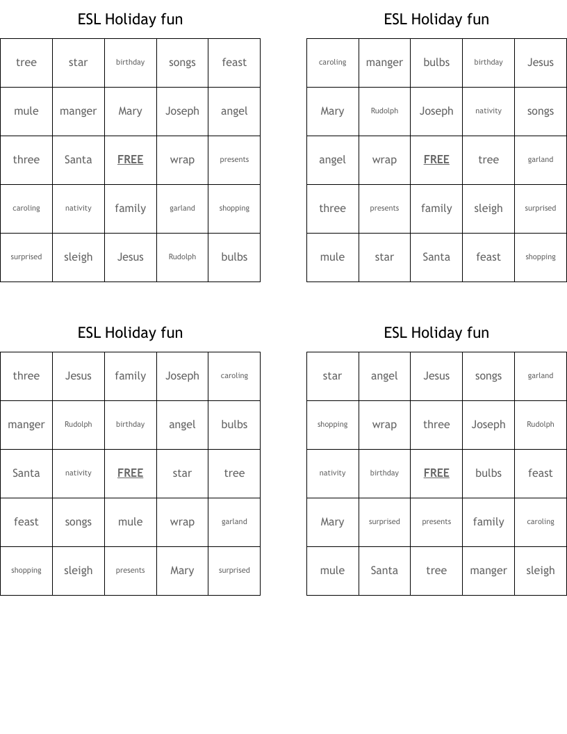 ESL Holiday fun Bingo Cards