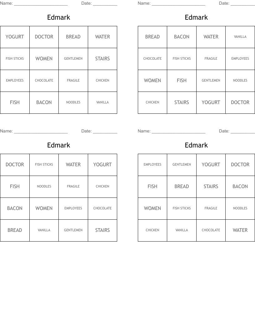Edmark Bingo Cards WordMint