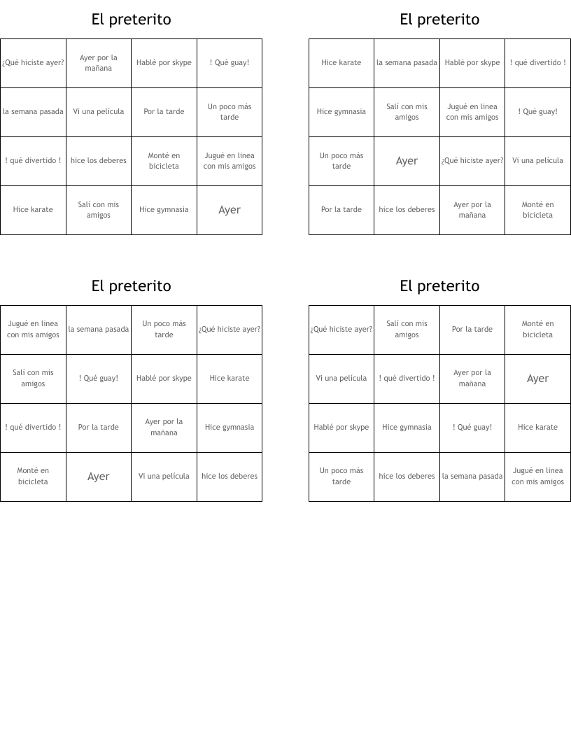 El preterito  Bingo Cards