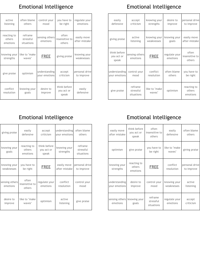 Emotional Intelligence Bingo Cards