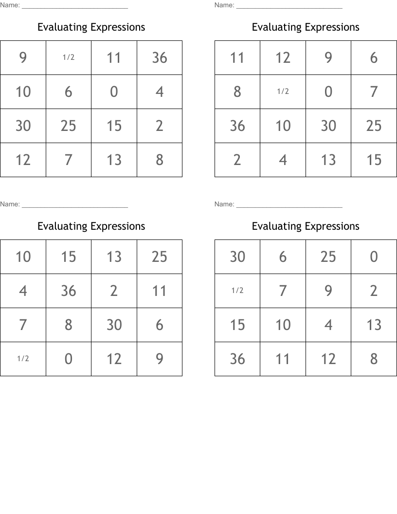 Evaluating Expressions Bingo Cards