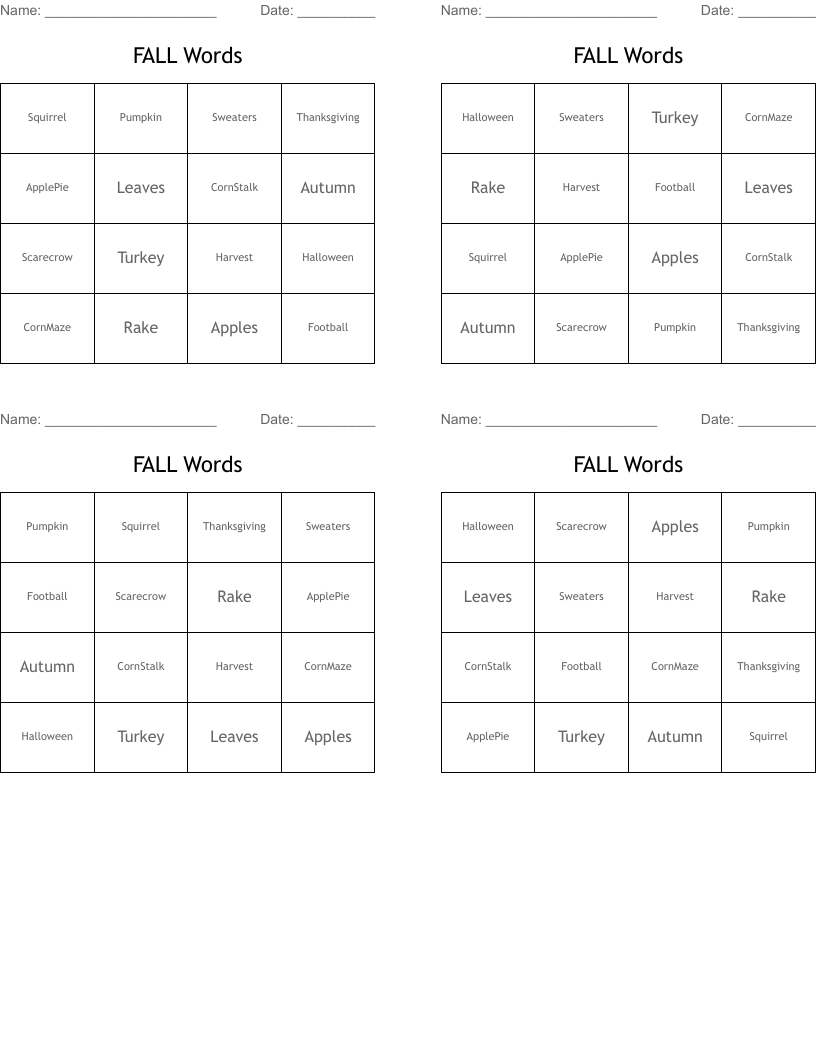 FALL Words Bingo Cards