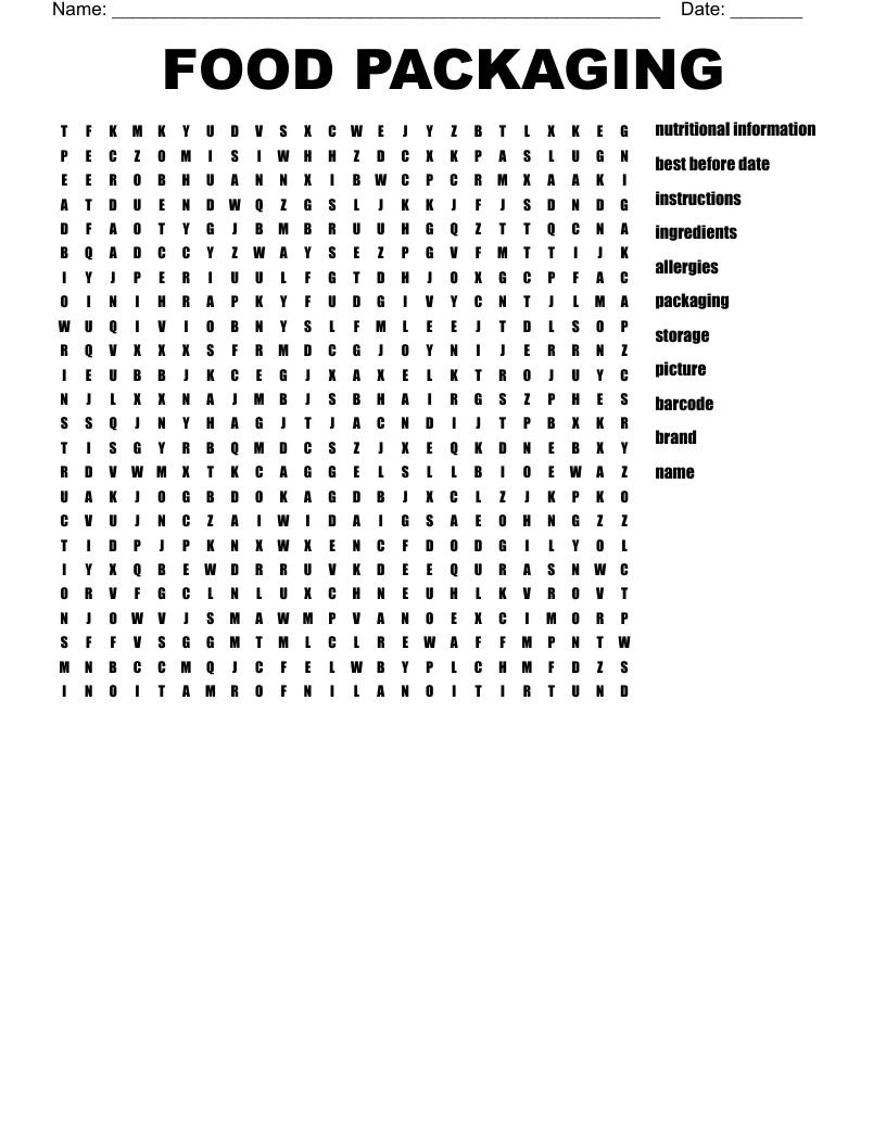 FOOD PACKAGING  Word Search