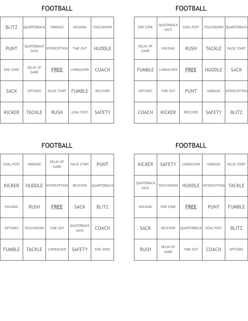FOOTBALL Bingo Cards