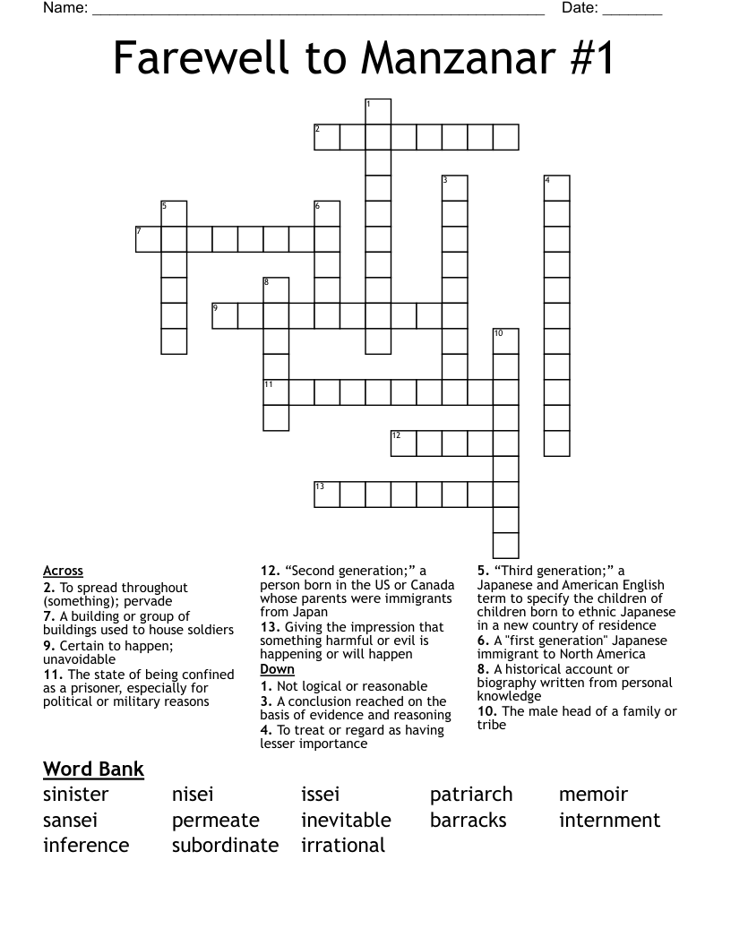 Farewell to Manzanar 1 Crossword WordMint