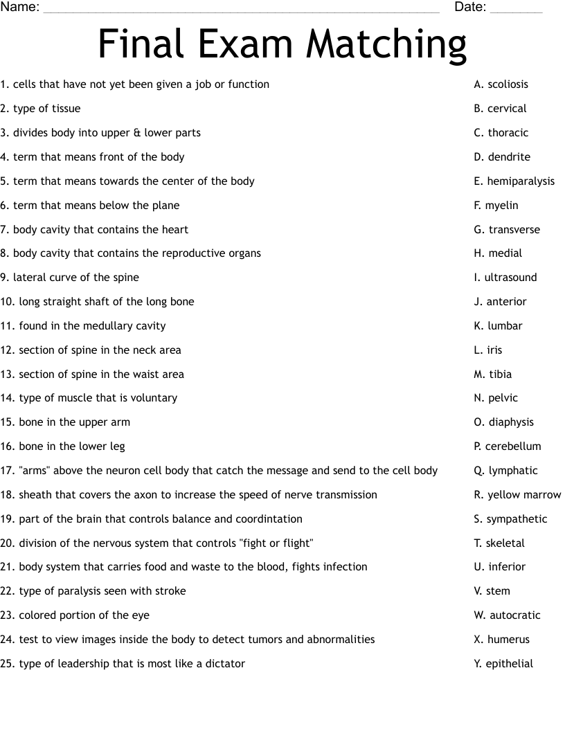 Final Exam Matching Worksheet