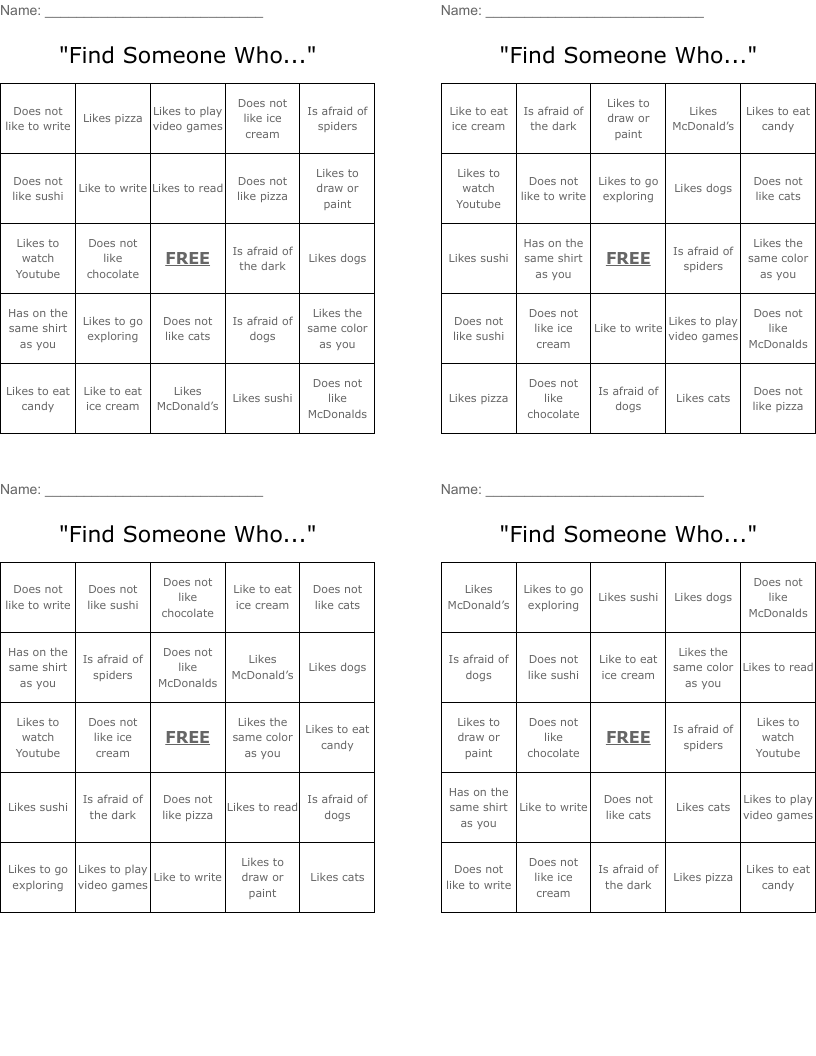 "Find Someone Who..." Bingo Cards