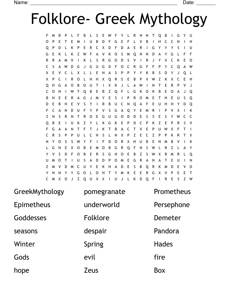 Folklore Greek Mythology Word Search WordMint