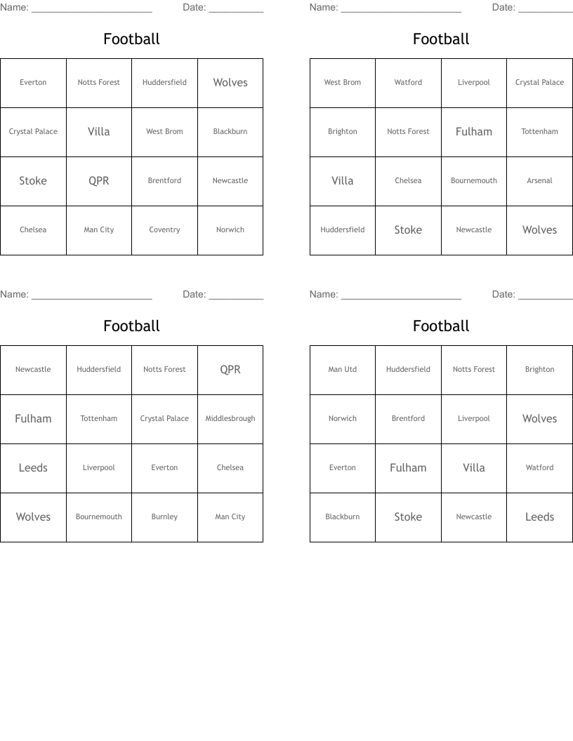 Football Bingo Cards