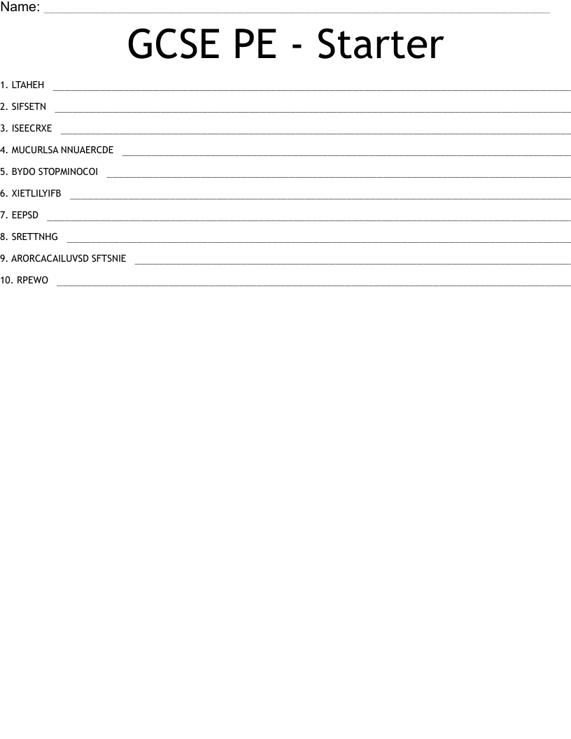 GCSE PE Starter Word Scramble WordMint
