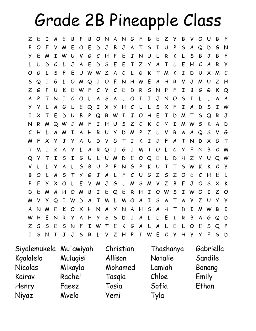 Grade 2B Pineapple Class Word Search - WordMint