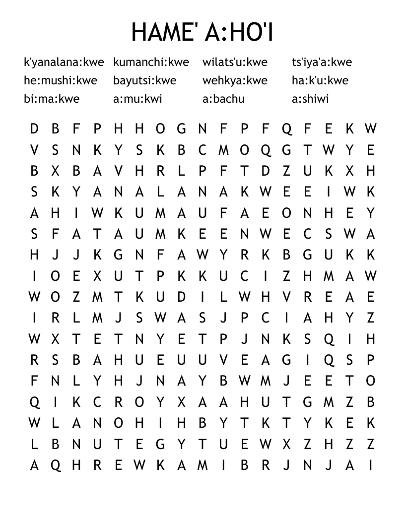 HAME' A:HO'I Word Search