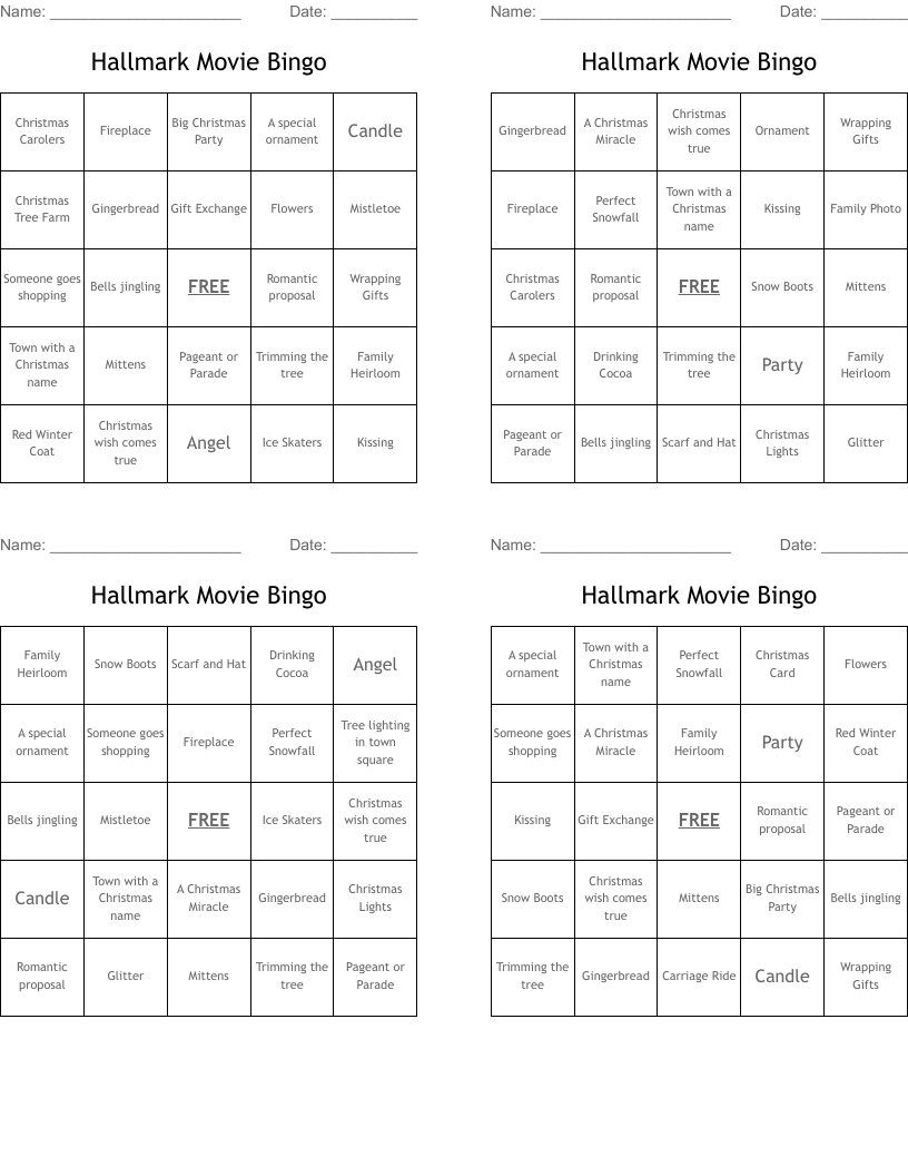 Hallmark Movie Bingo