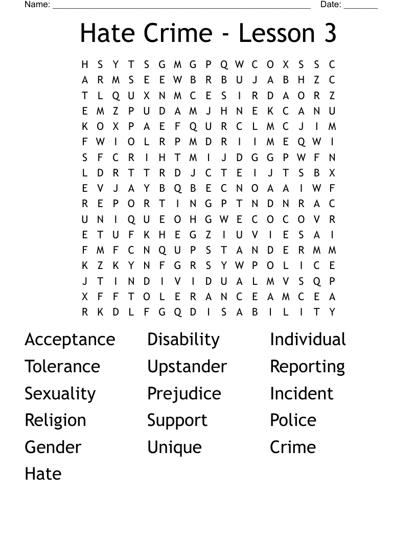 Hate Crime - Lesson 3 Word Search