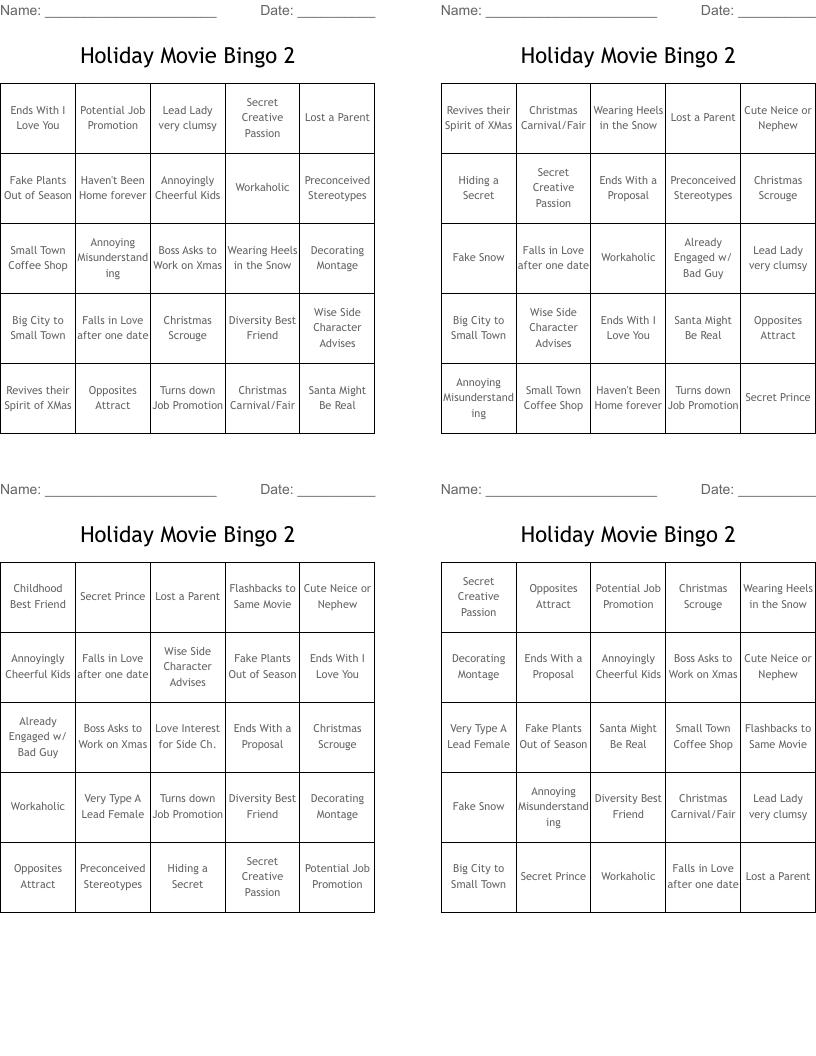 Holiday Movie Bingo 2