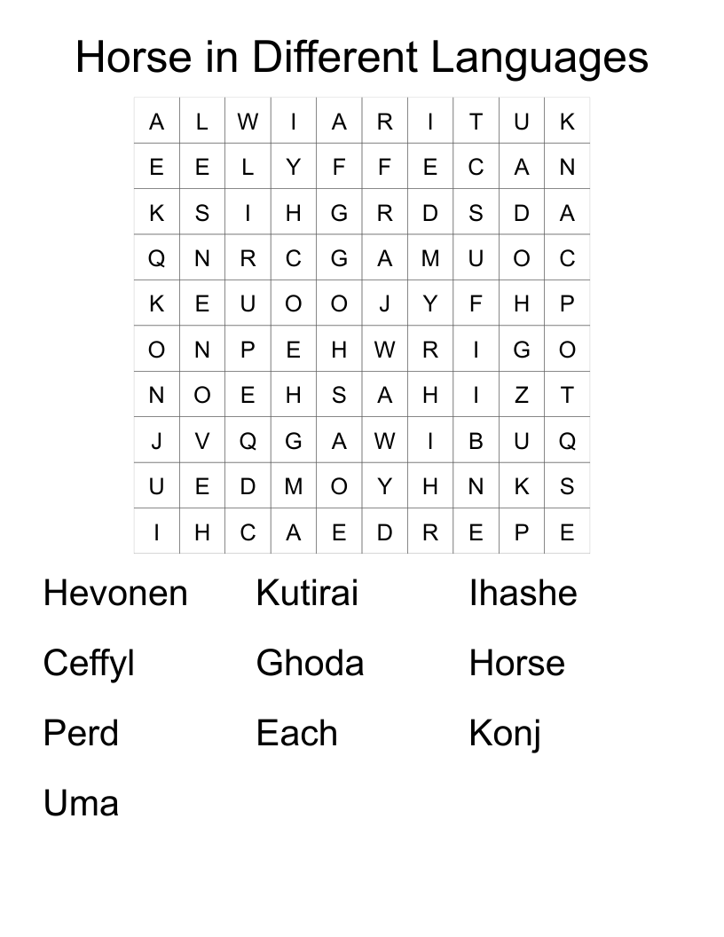 Horse in Different Languages Word Search WordMint