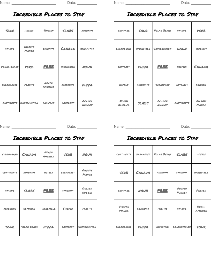 Incredible Places to Stay  Bingo Cards