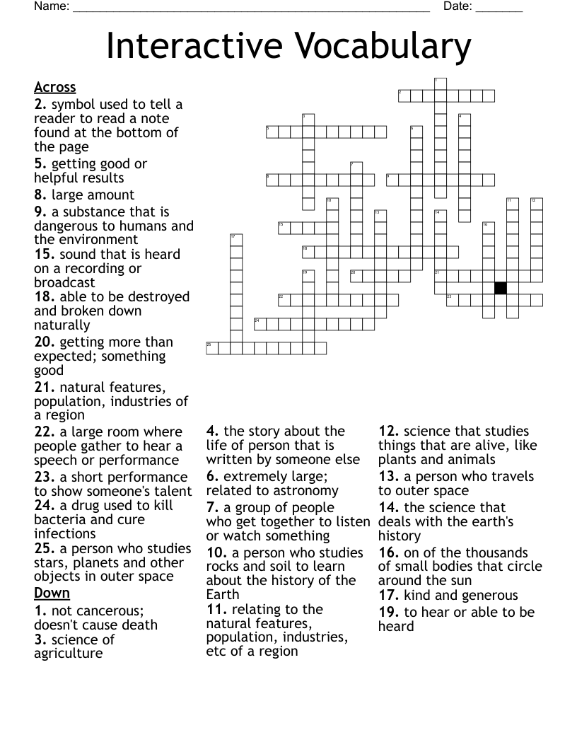 Interactive Vocabulary Crossword