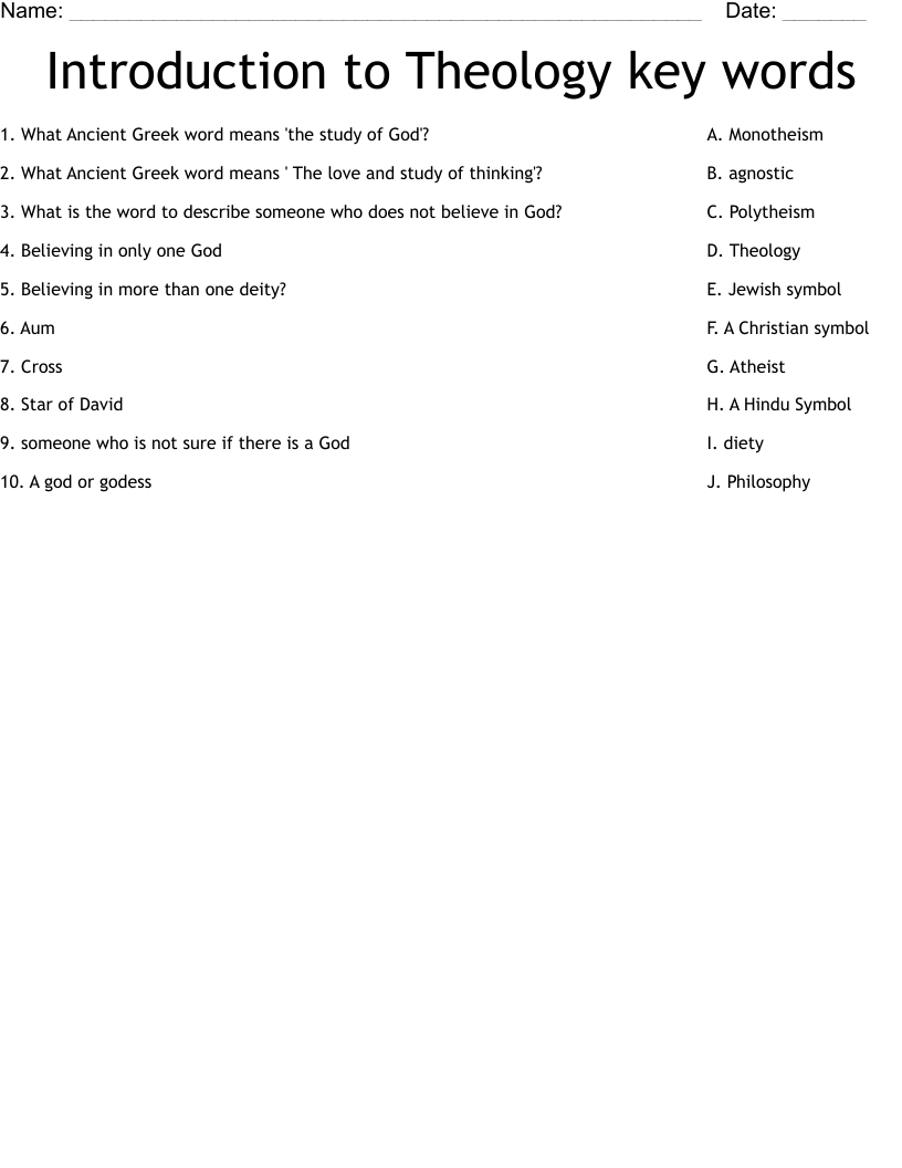 Introduction to Theology key words Worksheet
