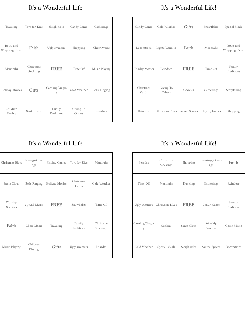 It's a Wonderful Life! Bingo Cards