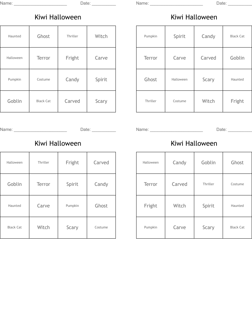 Kiwi Halloween Bingo Cards