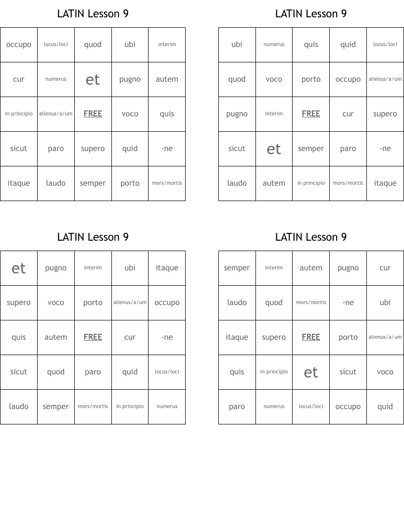 LATIN Lesson 9 Bingo Cards WordMint