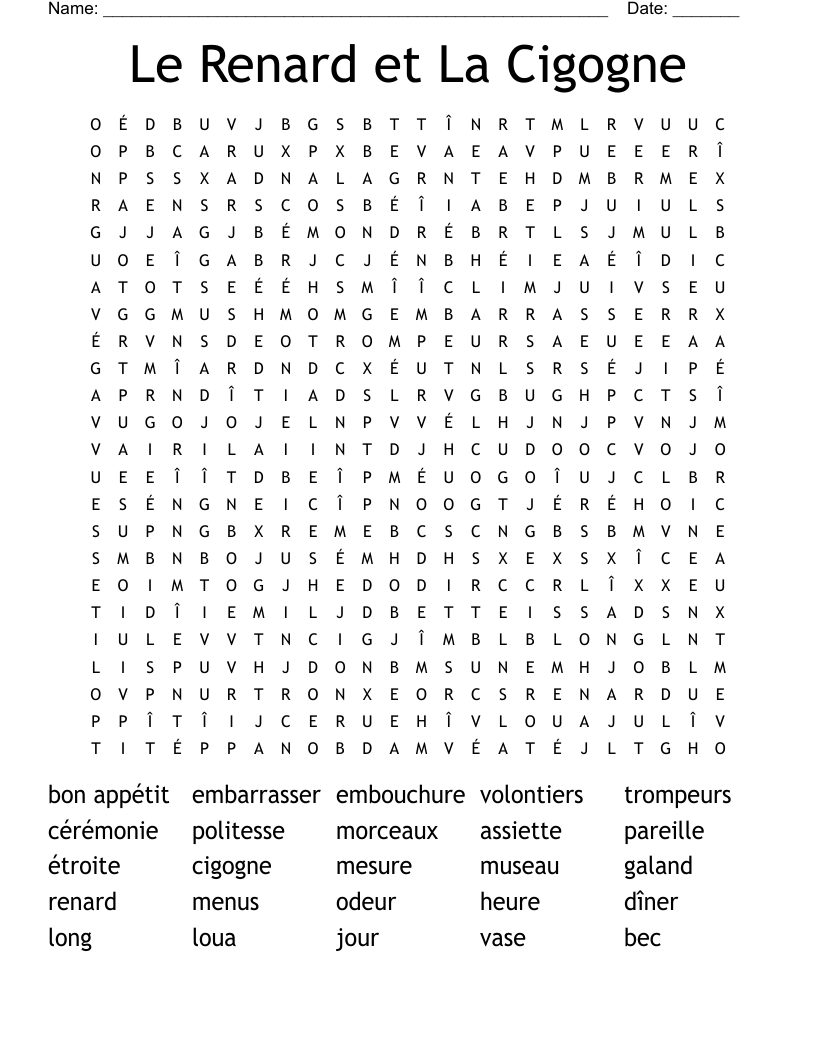 Le Renard et La Cigogne  Word Search