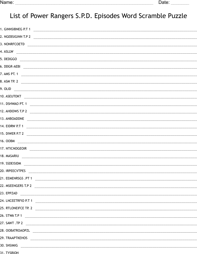 List of Power Rangers S.P.D. Episodes Word Scramble Puzzle
