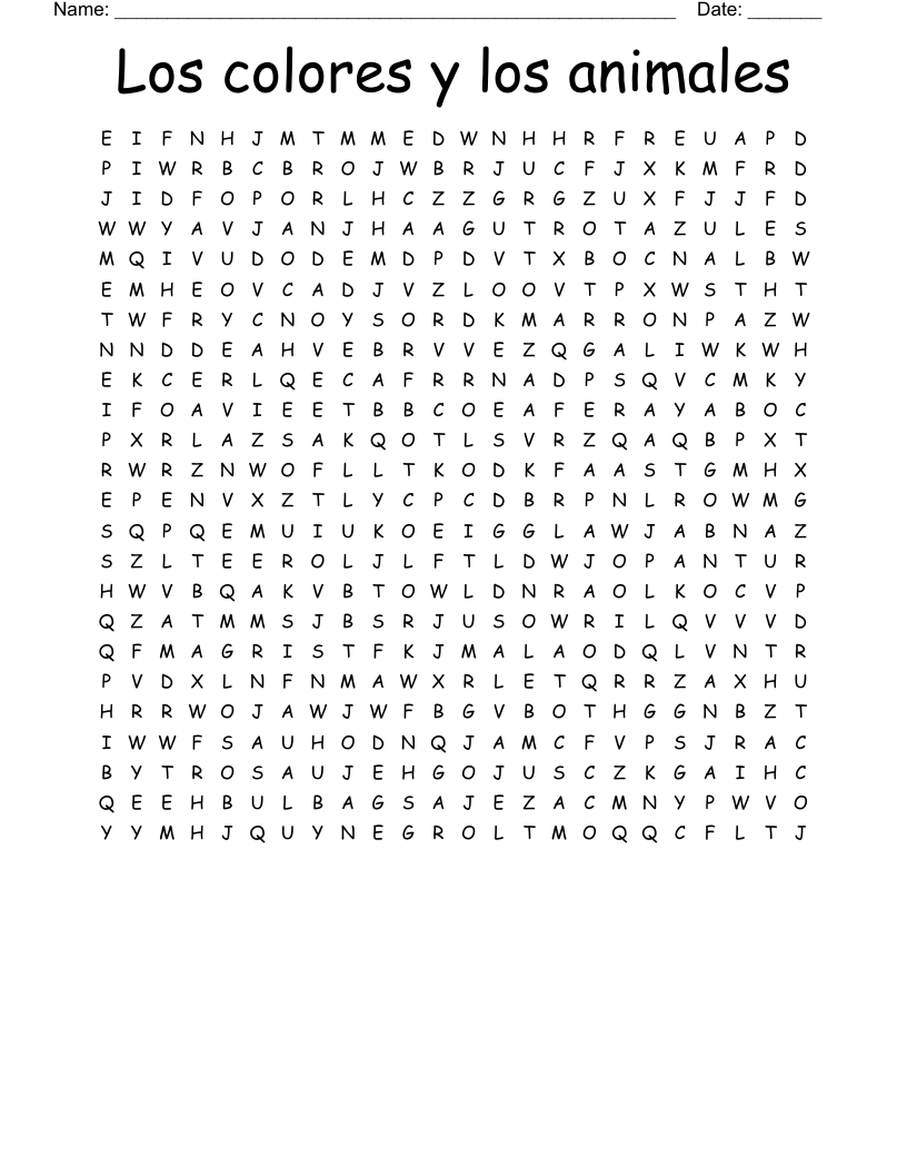 Los colores y los animales Word Search