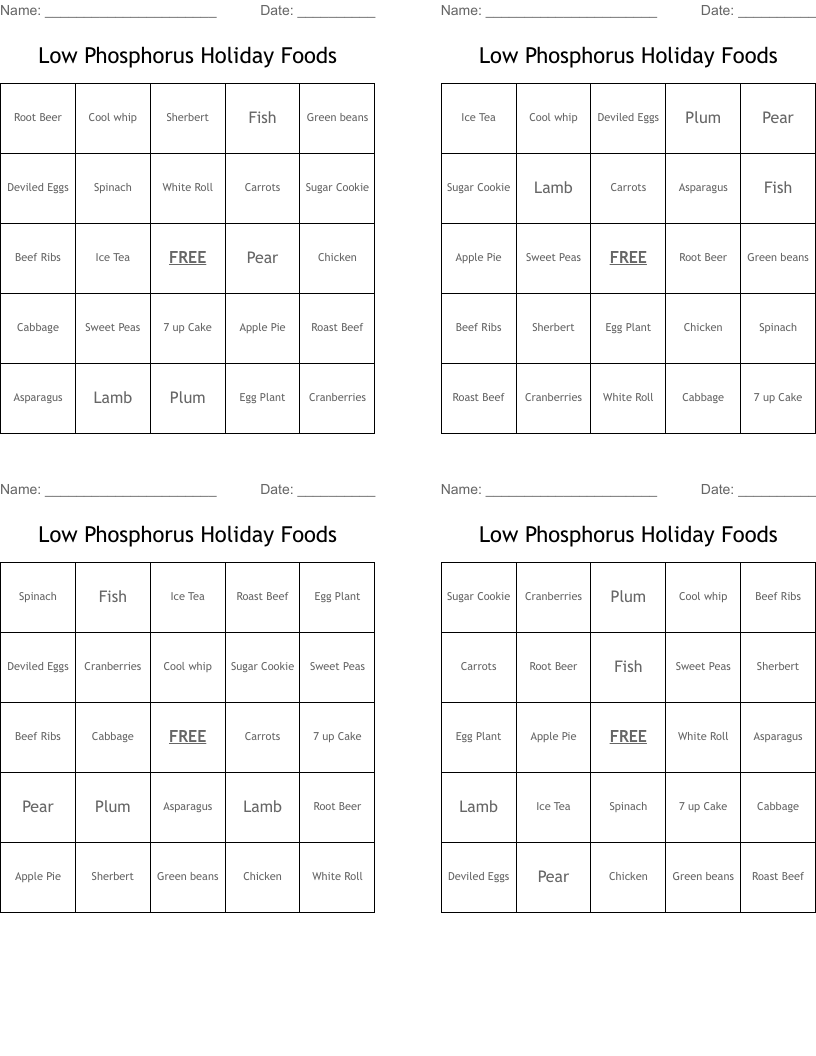 Low Phosphorus Holiday Foods  Bingo Cards