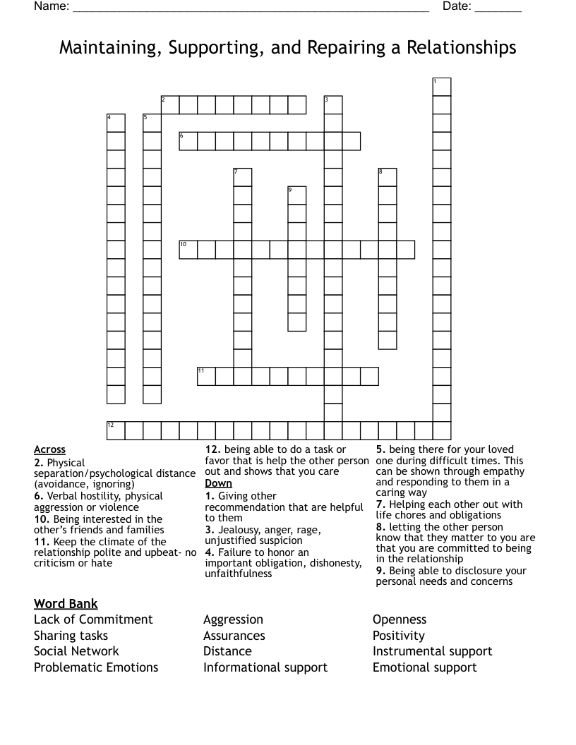 Maintaining, Supporting, and Repairing a Relationships Crossword WordMint
