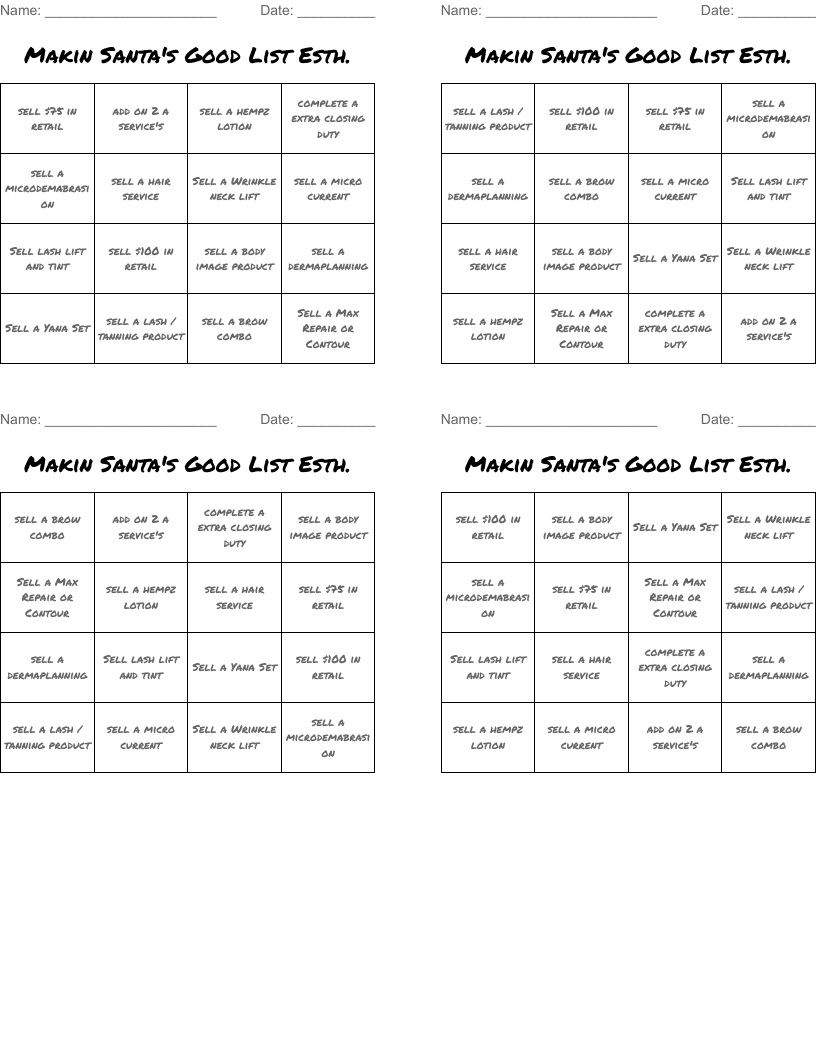 Makin Santa's Good List Esth. Bingo Cards