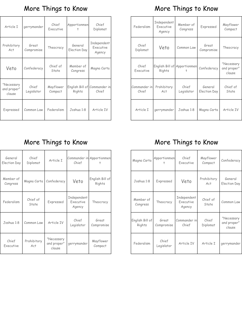More Things to Know Bingo Cards