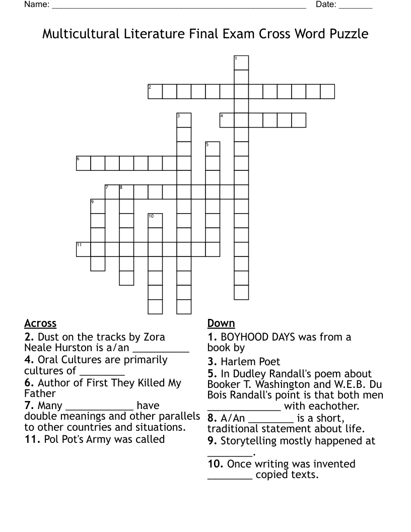Multicultural Literature Final Exam Cross Word Puzzle