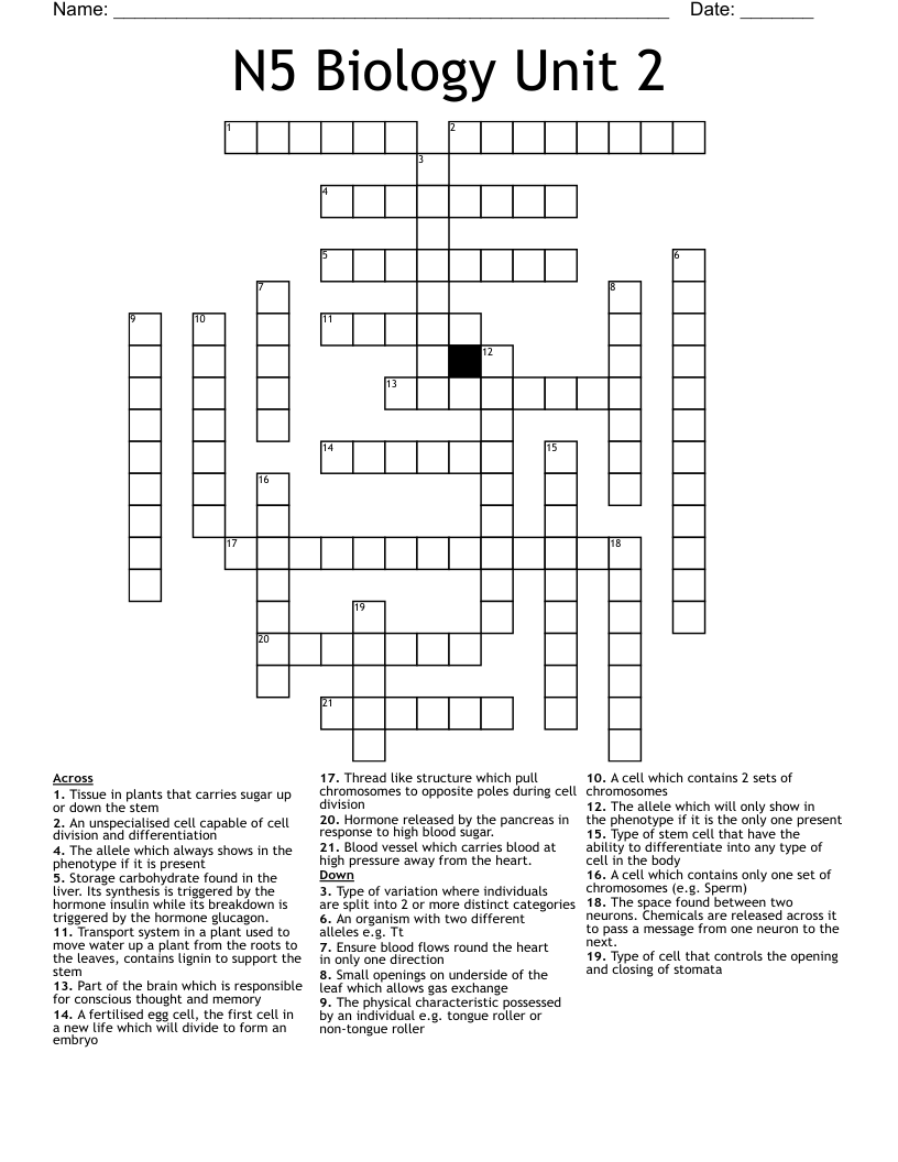 N5 Biology Unit 2 Crossword WordMint
