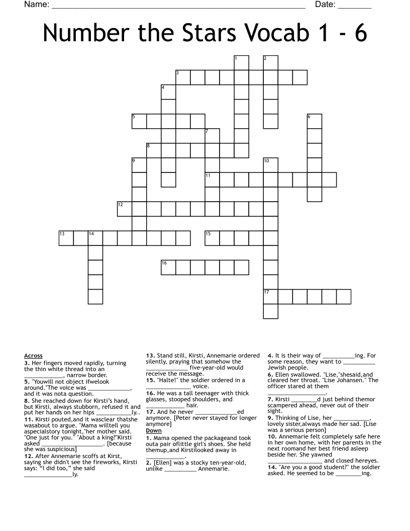 Number the Stars Vocab 1 - 6 Crossword